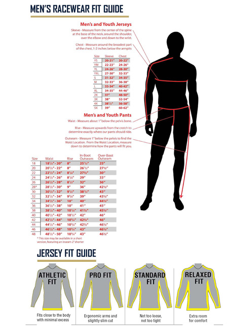 Fly Racing mx gear Size chart