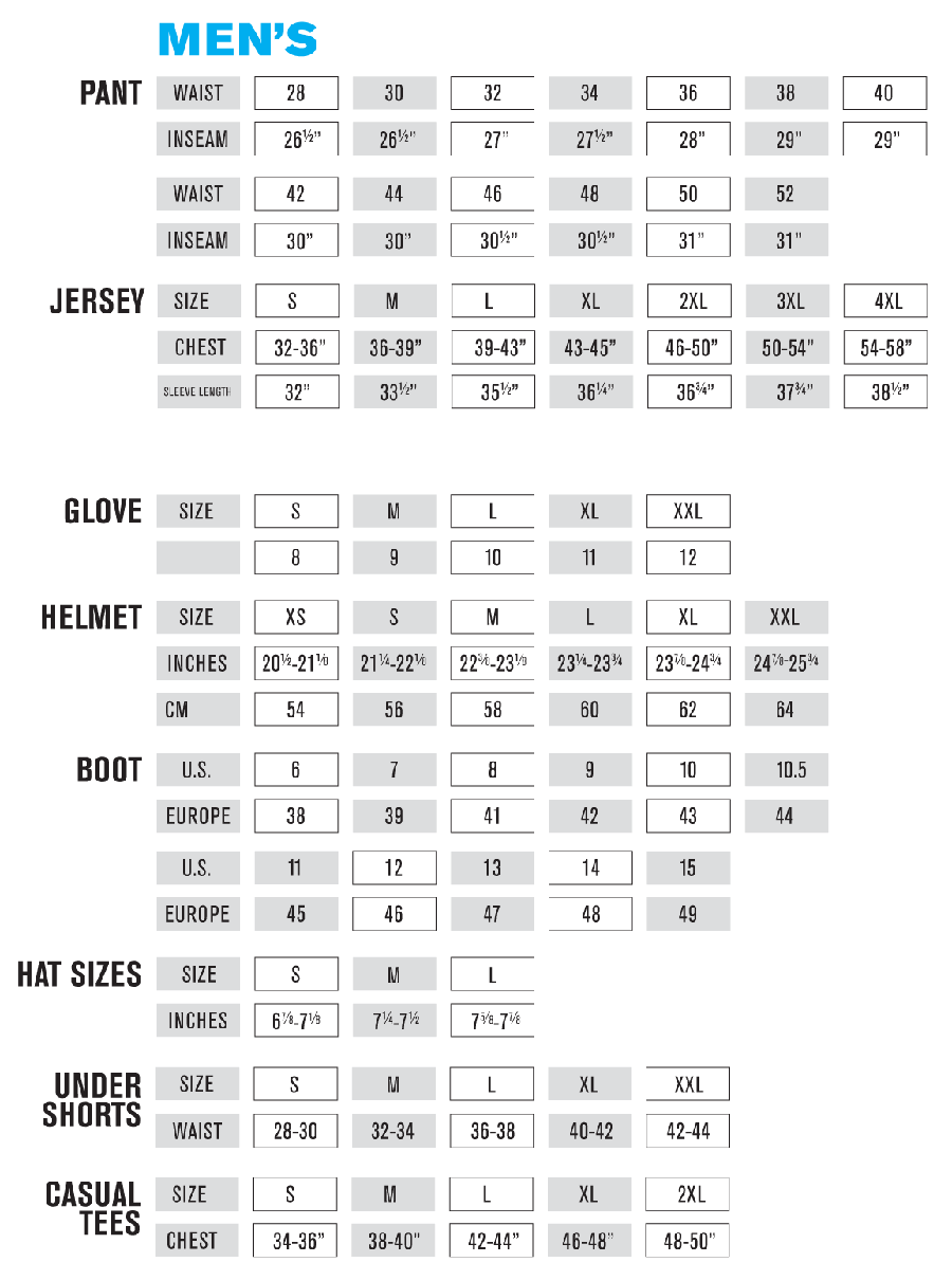 Dirt Bike Pants Size Chart