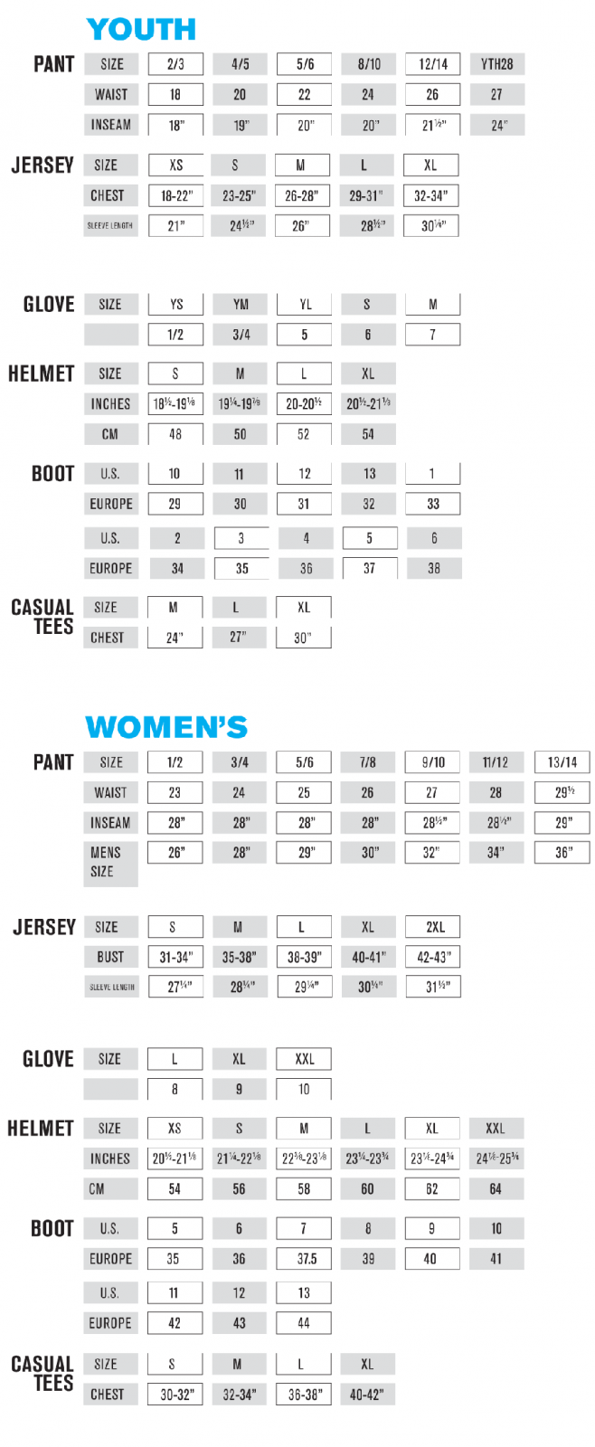 Womens Dirt Bike Pants Size Chart