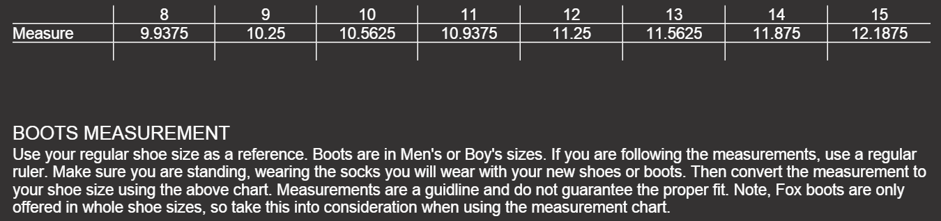 Fox Youth Gloves Size Chart