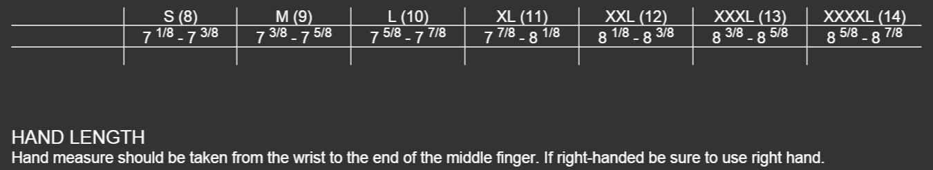 Size Chart Mens Gloves