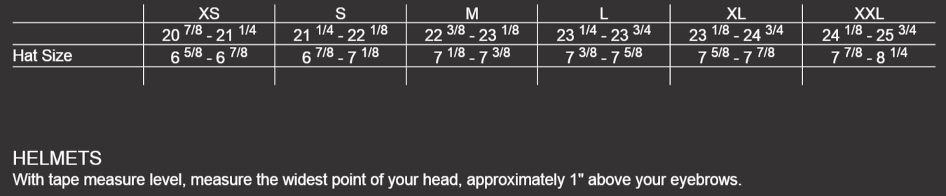 Size Chart Mens Helmets