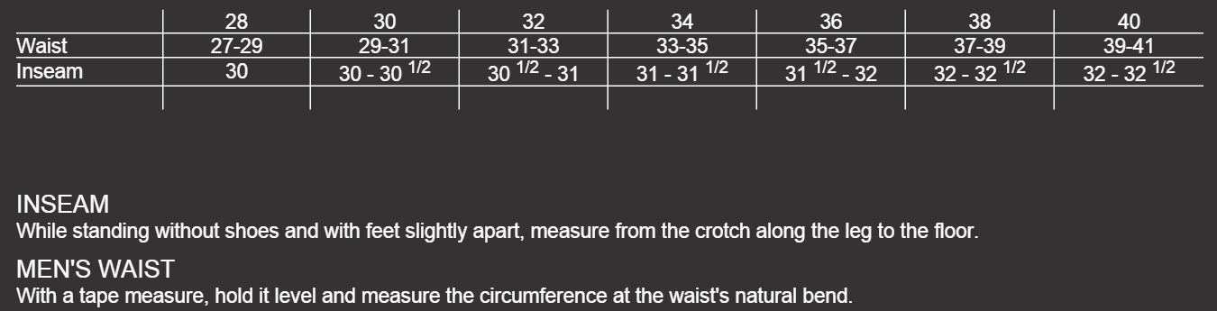 Size Chart Mens Pants