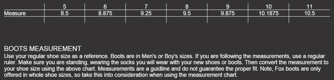 Mini Boots Size Chart