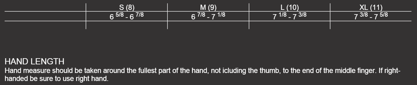 Size Chart Womens Gloves