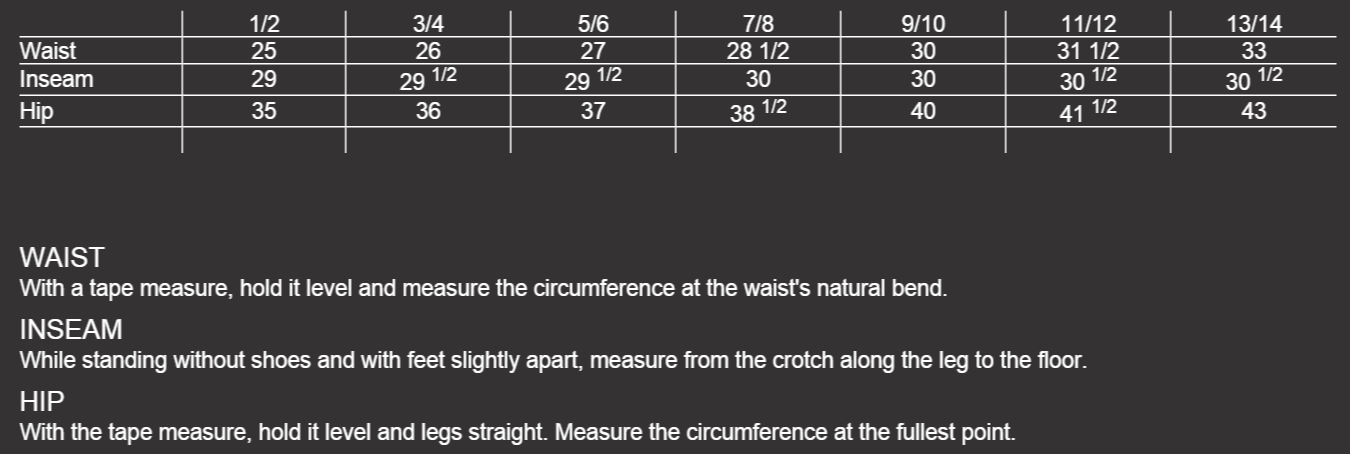 Size Chart Womens PAnts