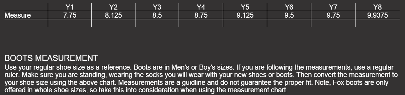 Size Chart Youth Boots