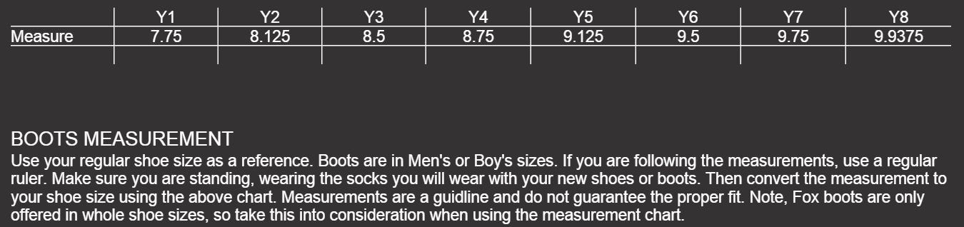 Fox Riding Gear Youth Size Chart