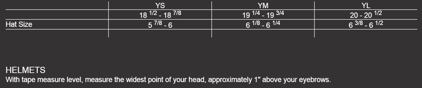 Size Chart Youth Helmets