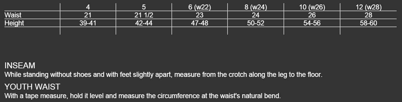 Size Chart Youth PAnts