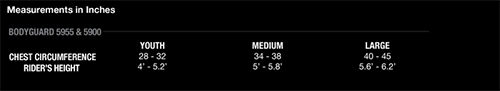 TLD Body Guard Size Chart