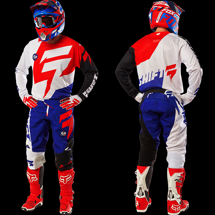 red white and blue motocross gear