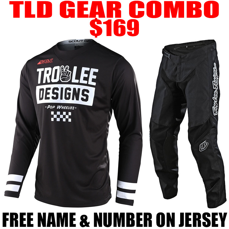 TLD SCOUT JERSEY/ GP MOTO PANTS GEAR COMBO PEACE AND WHEELIES BLACK