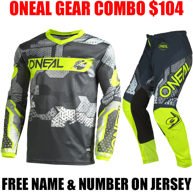 O'Neal Element Camo Neon Jersey Pants Gloves motocross dirt bike riding package 