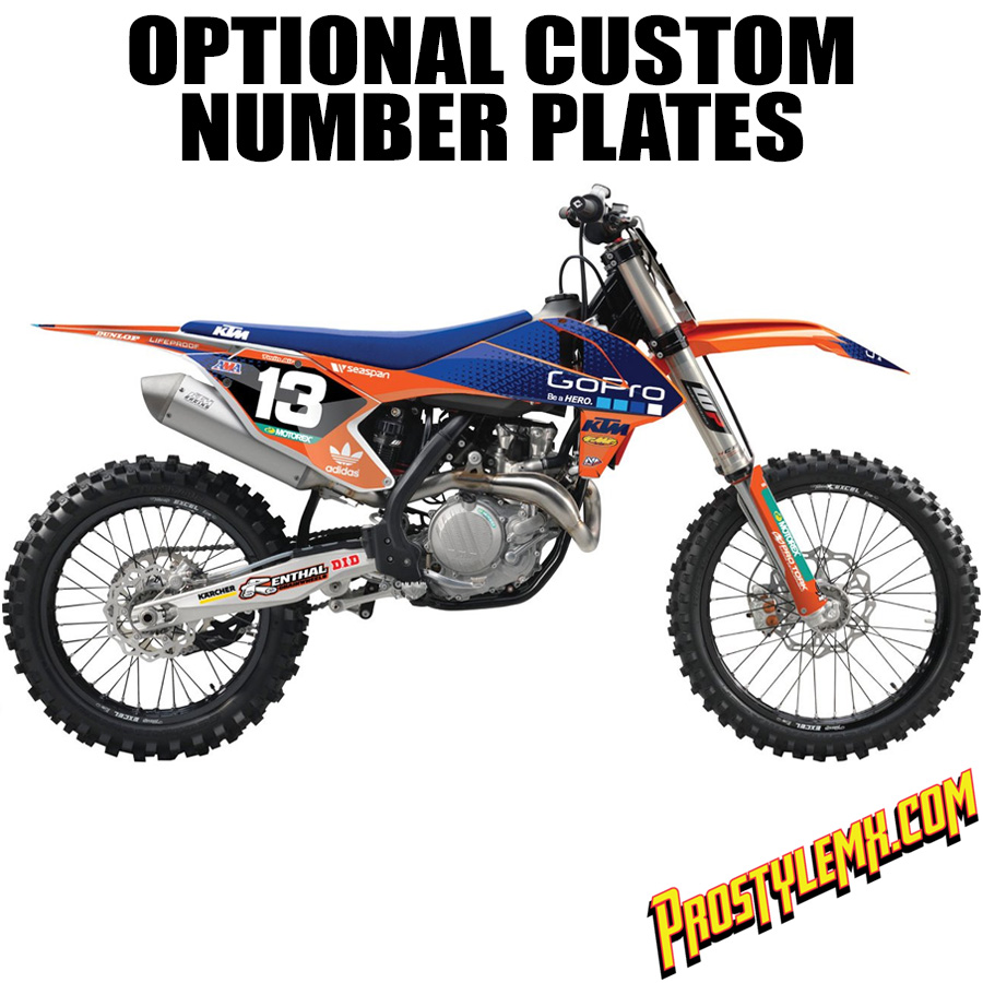 KTM Graphics Kit for a 2016-2018 SX SXF XC XCF Decals kit with custom rider ID 
